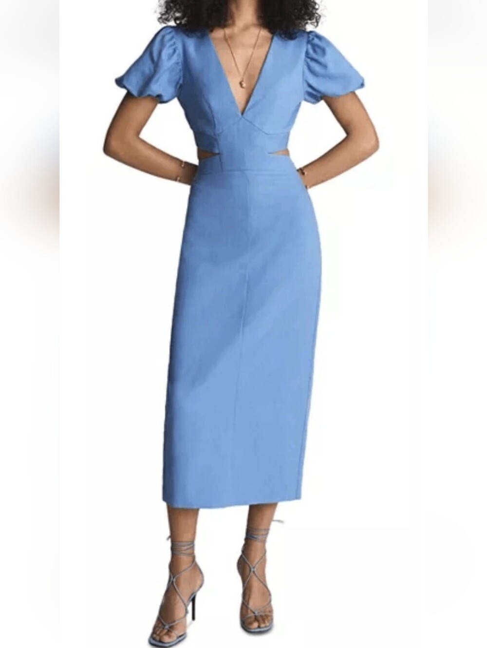 REISS Jennah Puff Sleeve Cutout Dress in Blue Size 12